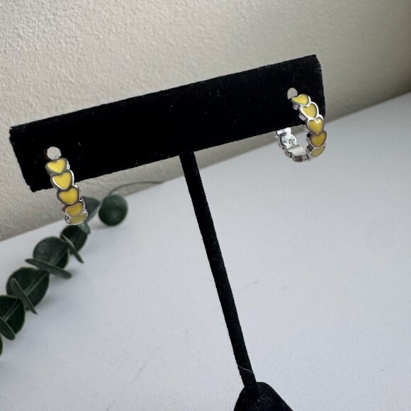 Sterling Silver 925 Hoop Earrings with Yellow Enamel Hearts – Colorful Jewelry - Picture 4 of 9